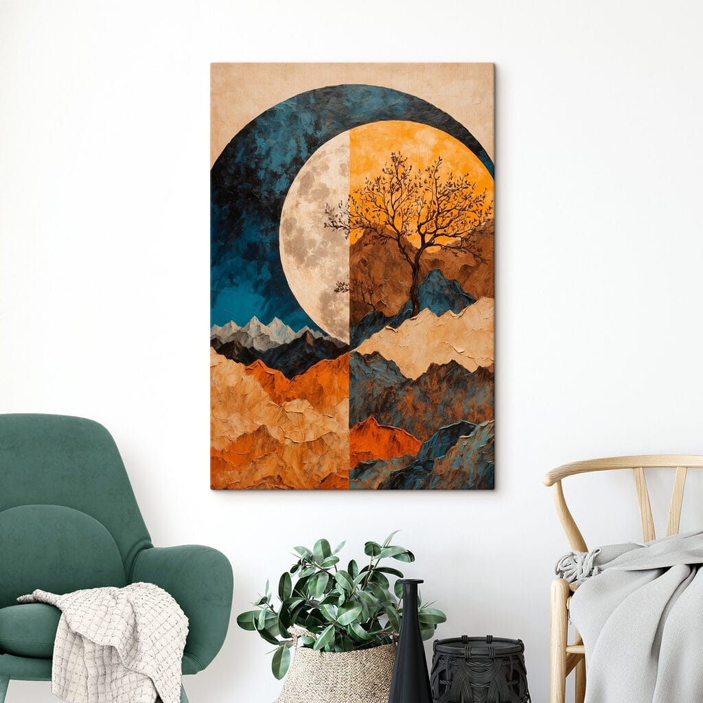 Painting of a tree and mountains