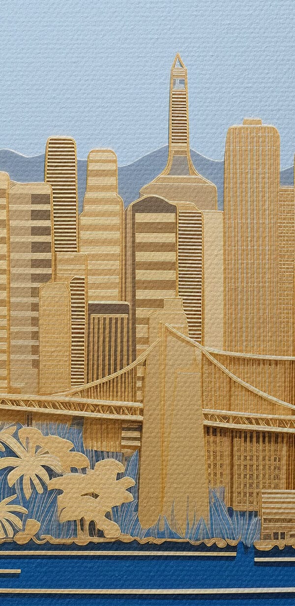 City skyline with vibrant colors