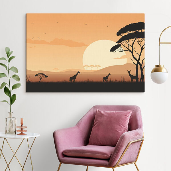 Giraffes walking in a grassy field with trees and a sunset Giraffes walking in a grassy field with trees and a sunset