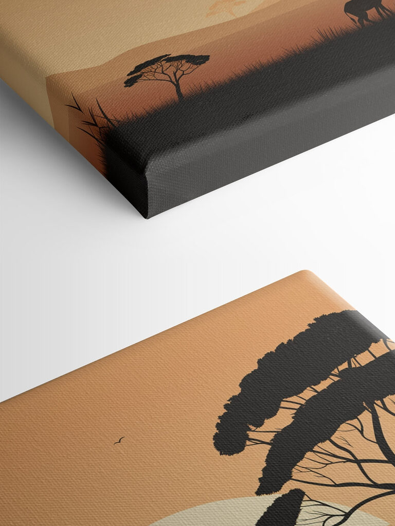 Giraffes walking in a grassy field with trees and a sunset