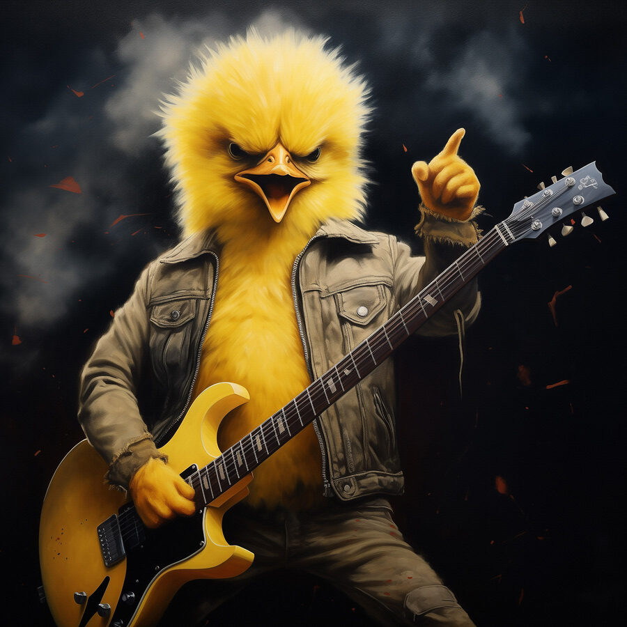 Osoba w stroju kurczaka grająca na gitarze