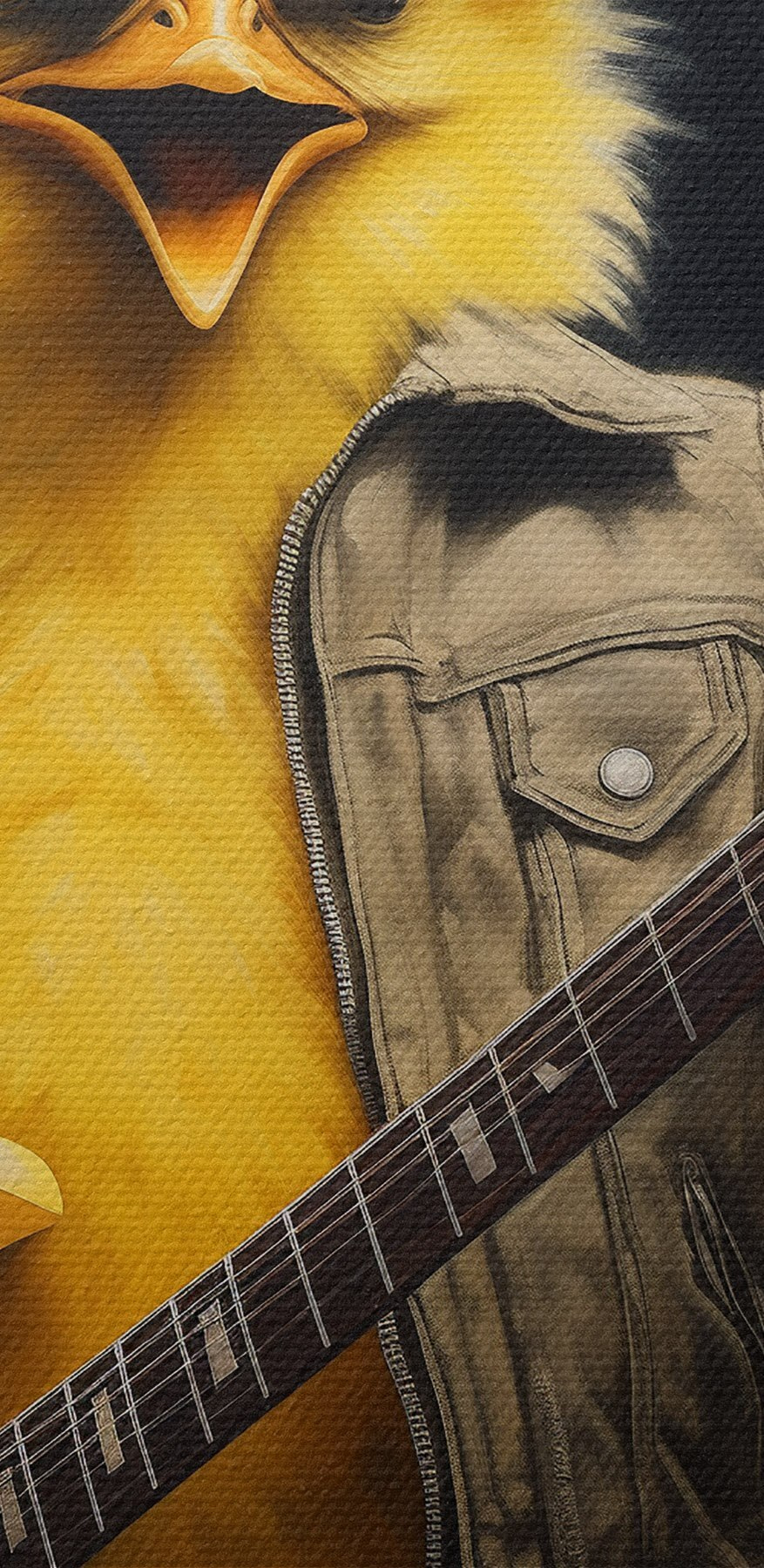Osoba w stroju kurczaka grająca na gitarze