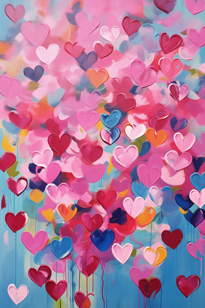 Painting of hearts on a blue background