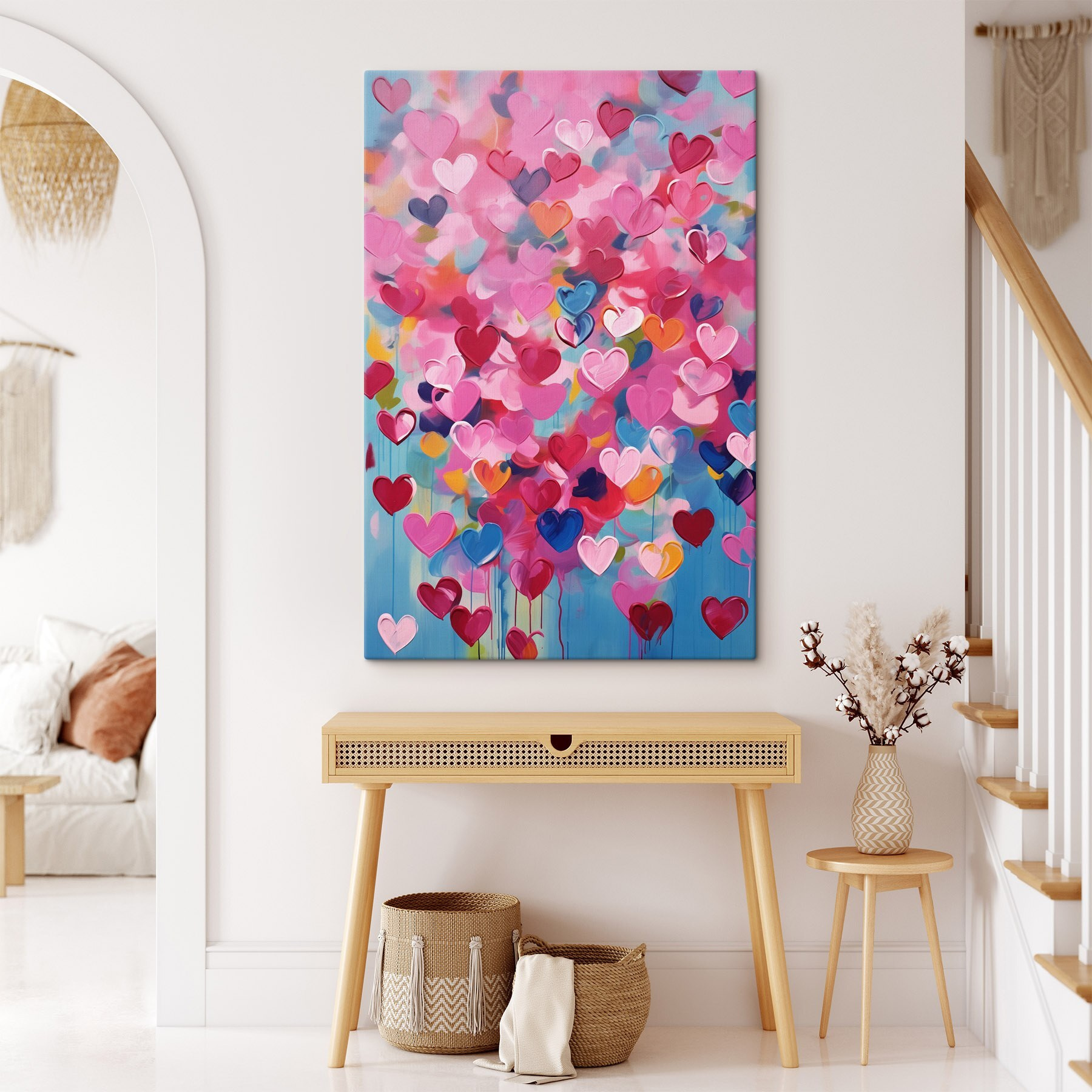 Painting of hearts on a blue background