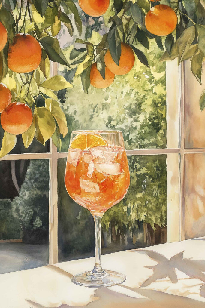 Glass of orange juice with ice and oranges from a window Glass of orange juice with ice and oranges from a window
