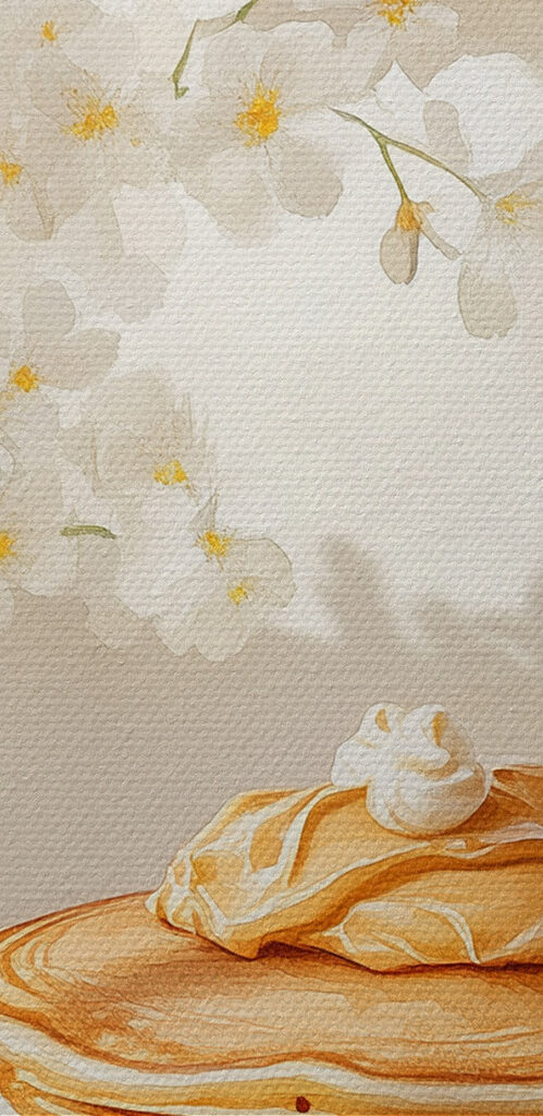Stack of pancakes on a plate next to a vase of flowers Stack of pancakes on a plate next to a vase of flowers