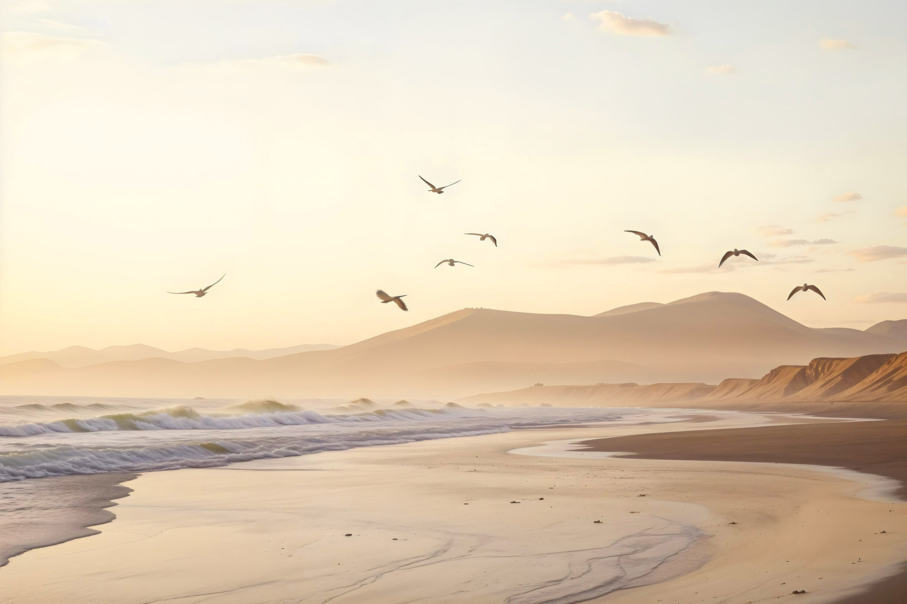 Birds flying over a beach