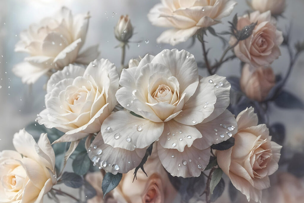 Group of white roses with water drops