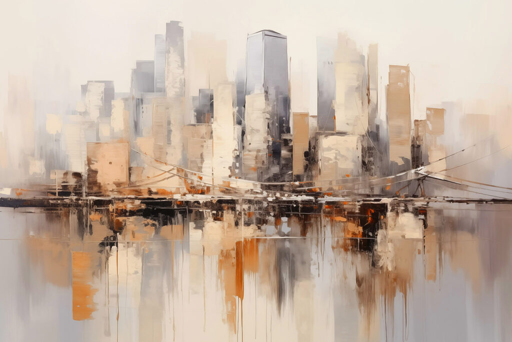 Painting of a city with a bridge over water