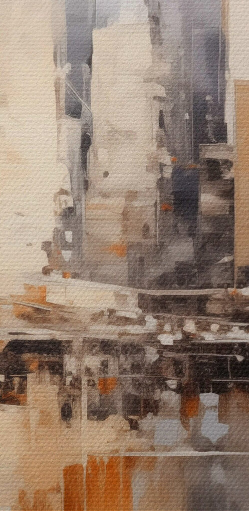 Painting of a city with a bridge over water