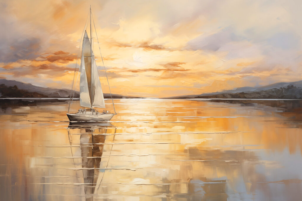 Painting of a sailboat on a calm lake Painting of a sailboat on a calm lake
