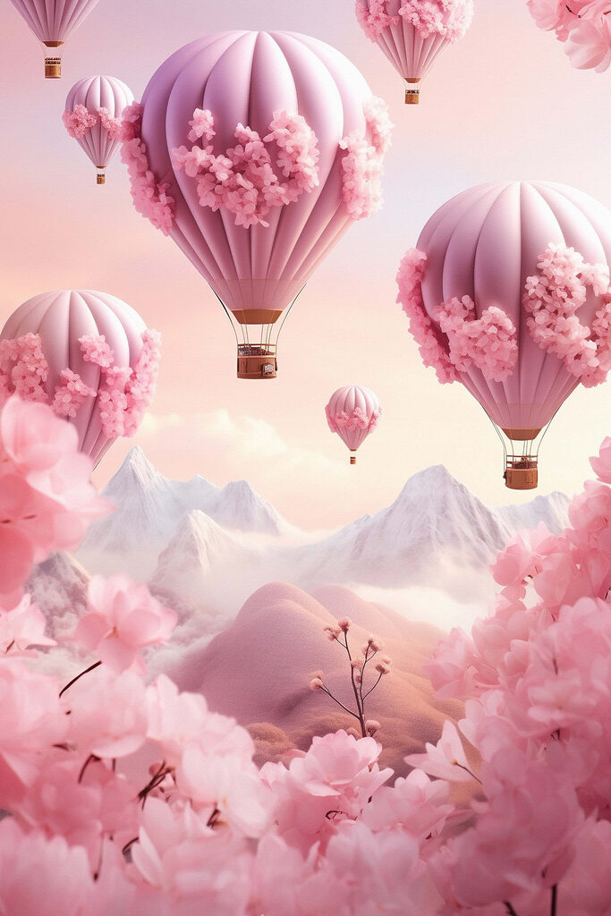 Hot air balloons with cherry blossoms