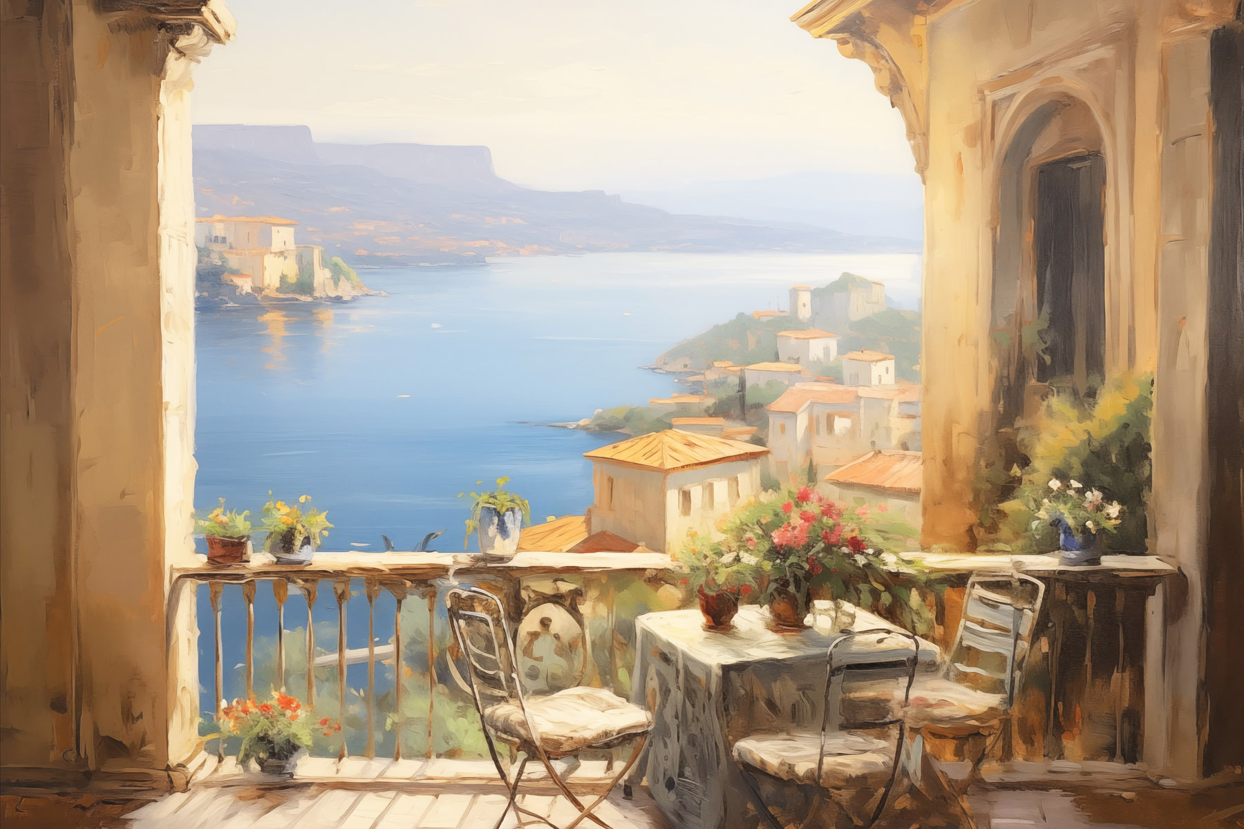 Painting of a balcony overlooking a body of water Painting of a balcony overlooking a body of water