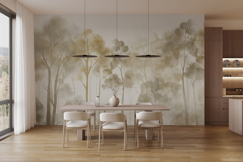 Group of trees in a foggy forest