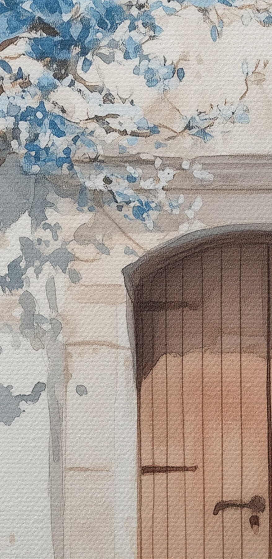 Akwarela przedstawiająca dom z drzewem i drzwiami