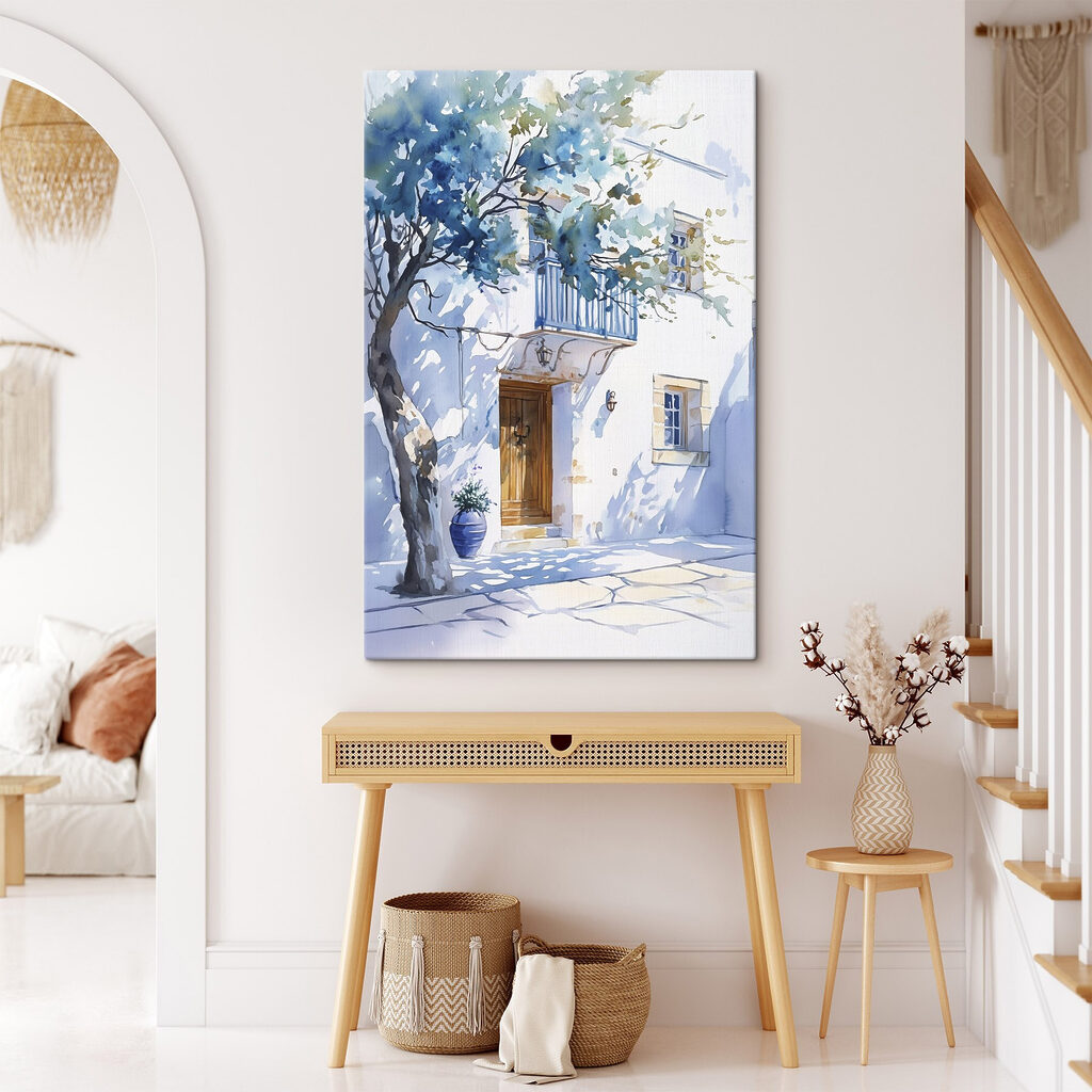 Watercolor of a building with a tree and a balcony