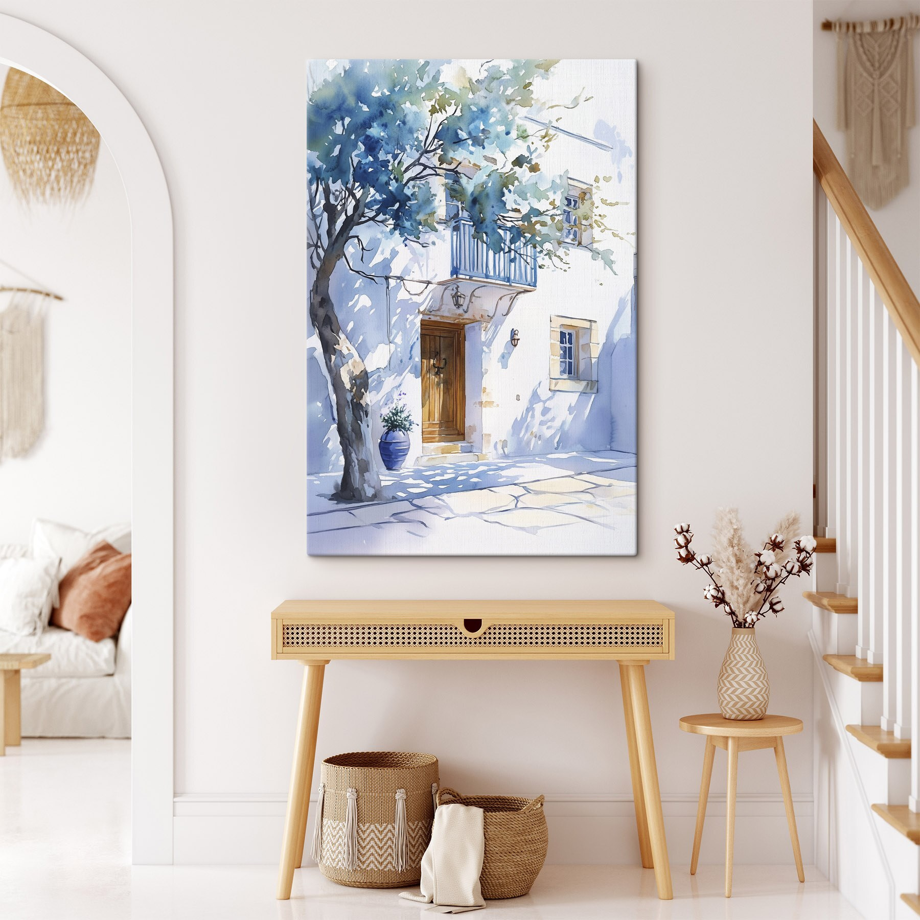 Watercolor of a building with a tree and a balcony
