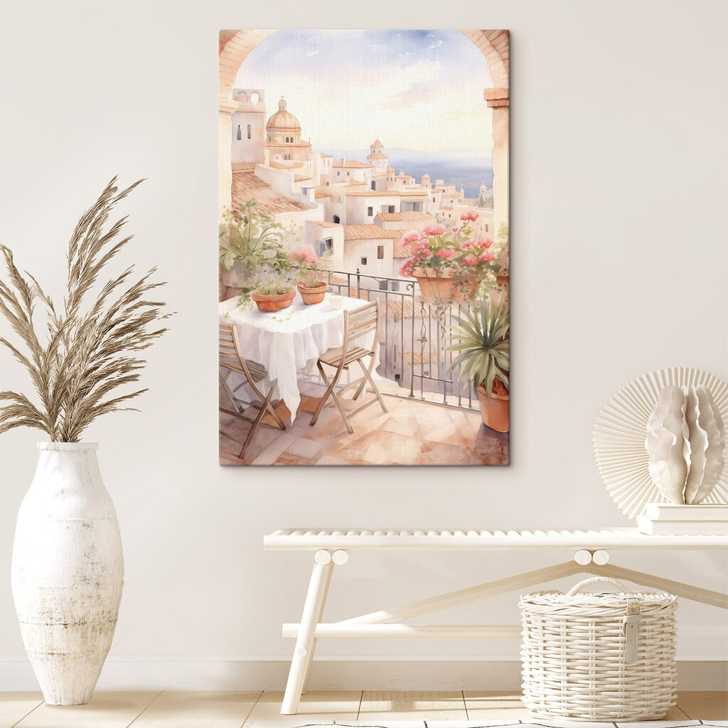 Watercolor painting of a table and chairs on a balcony overlooking a city Watercolor painting of a table and chairs on a balcony overlooking a city