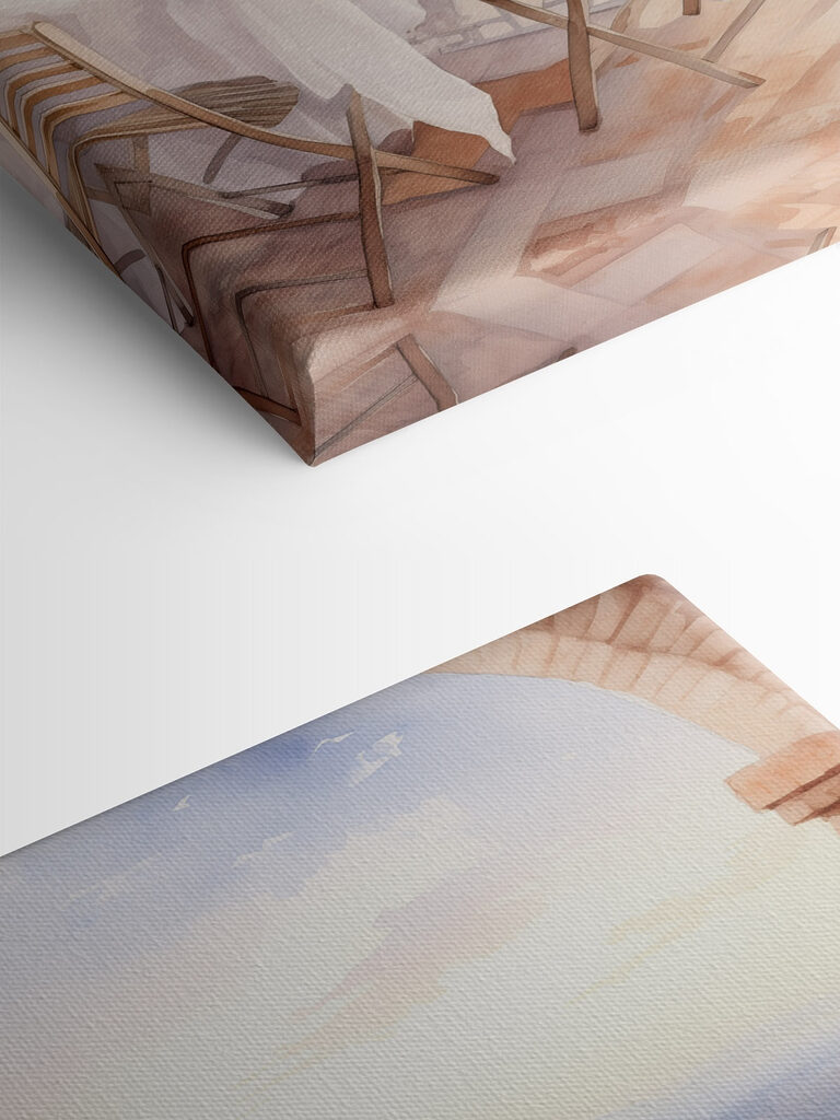 Watercolor painting of a table and chairs on a balcony overlooking a city Watercolor painting of a table and chairs on a balcony overlooking a city