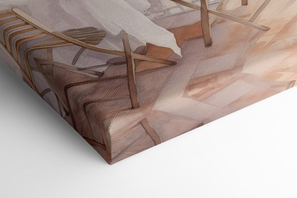 Watercolor painting of a table and chairs on a balcony overlooking a city Watercolor painting of a table and chairs on a balcony overlooking a city