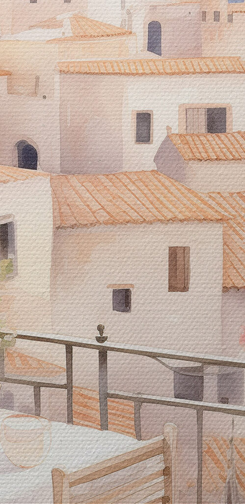 Watercolor painting of a table and chairs on a balcony overlooking a city Watercolor painting of a table and chairs on a balcony overlooking a city