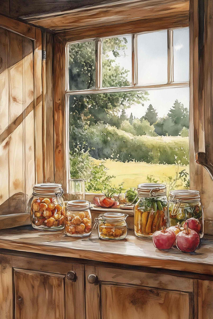 Watercolor of jars of food on a window sill