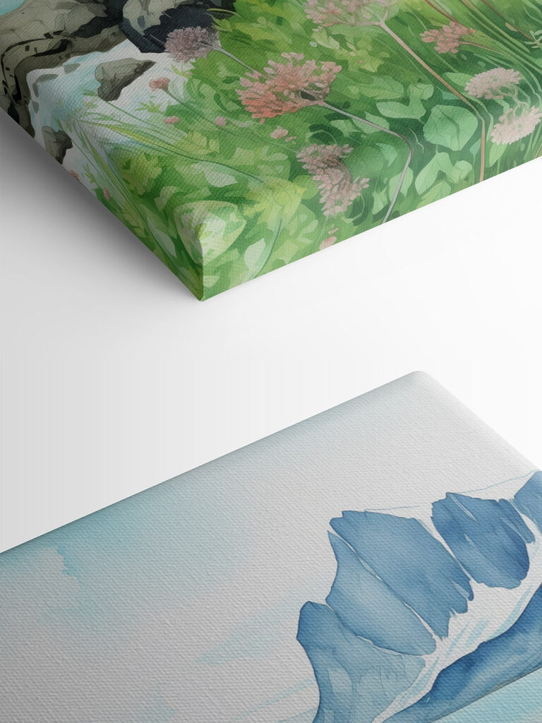 Watercolor painting of a rocky shore with mountains and a blue sky Watercolor painting of a rocky shore with mountains and a blue sky