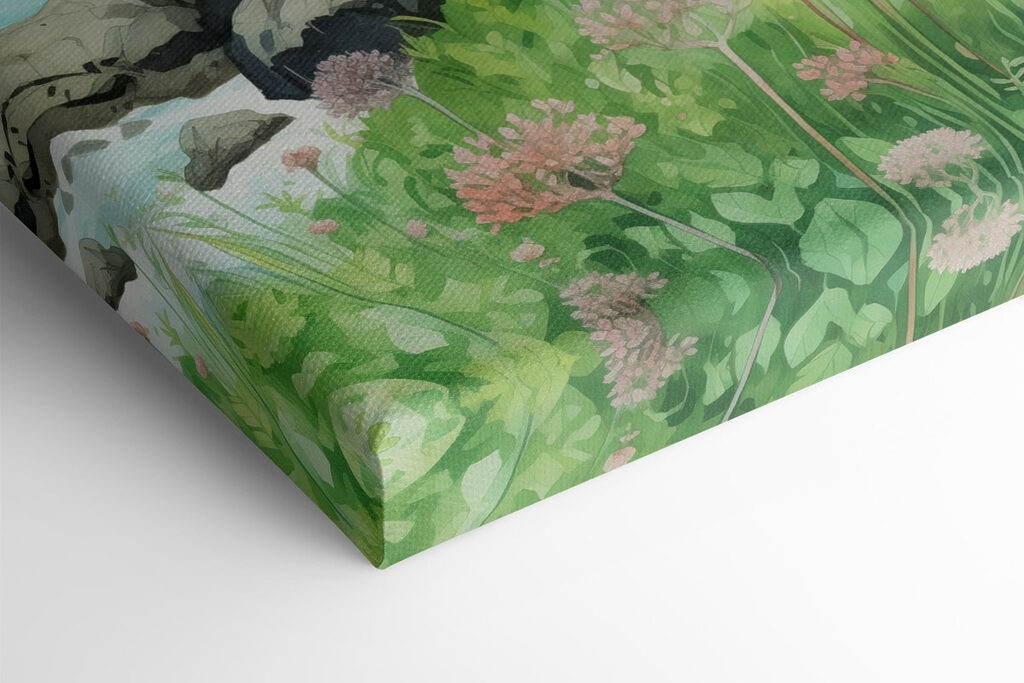 Watercolor painting of a rocky shore with mountains and a blue sky Watercolor painting of a rocky shore with mountains and a blue sky