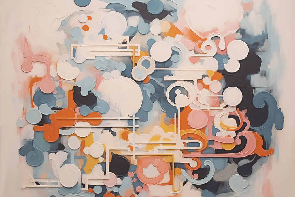 Colorful art piece with white lines and circles