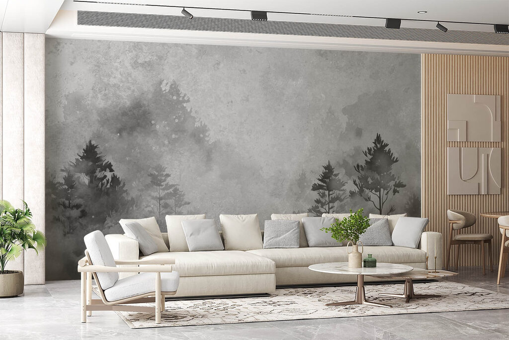 Black and white image of trees and bushes Black and white image of trees and bushes