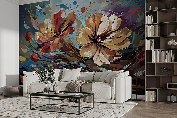 Painting of flowers on a blue background