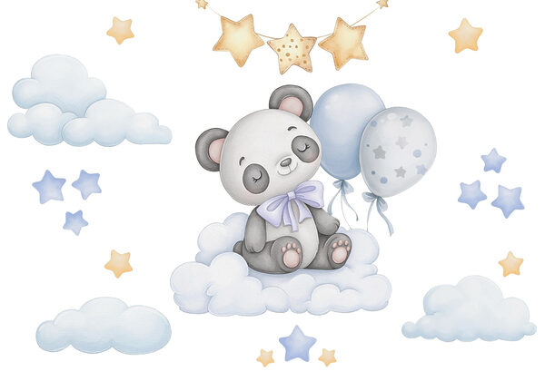 Kreskówka panda siedząca na chmurze z balonami Kreskówka panda siedząca na chmurze z balonami