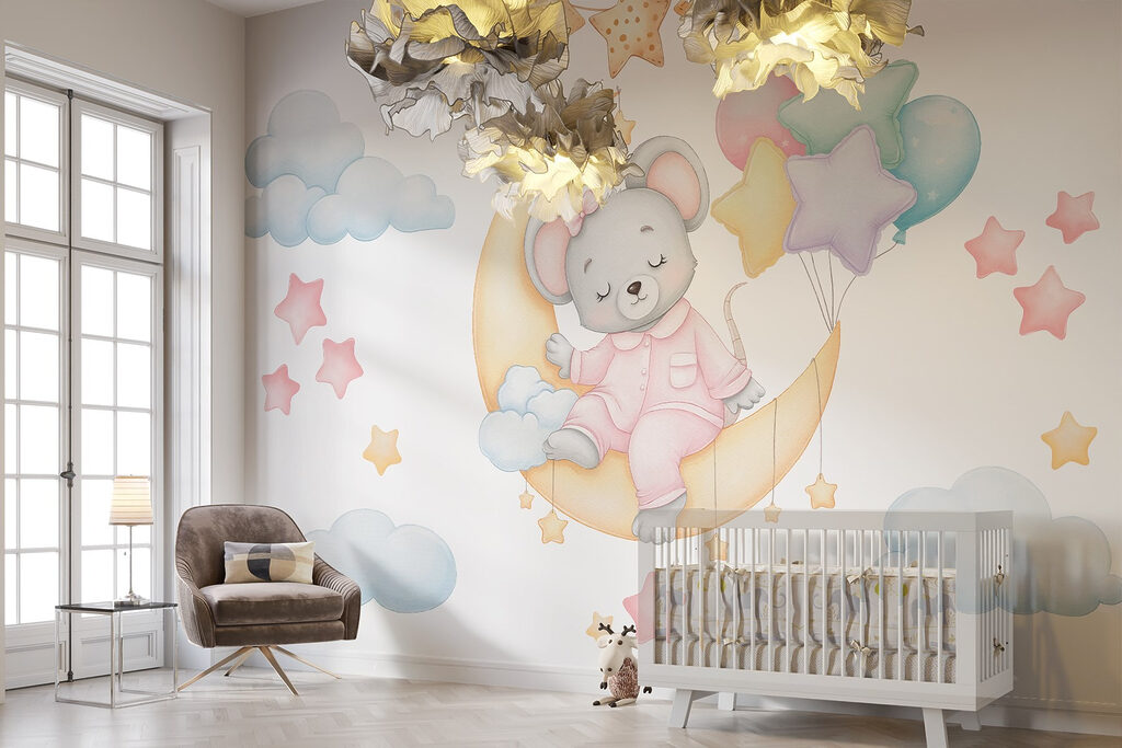 Mouse sitting on the moon with balloons Mouse sitting on the moon with balloons