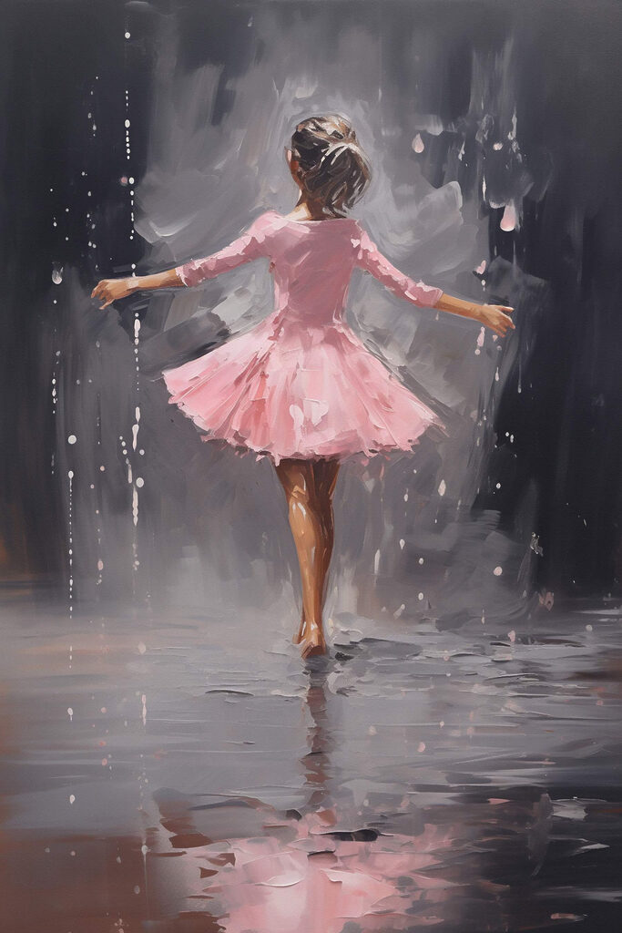 Painting of a girl in a pink dress dancing in the rain