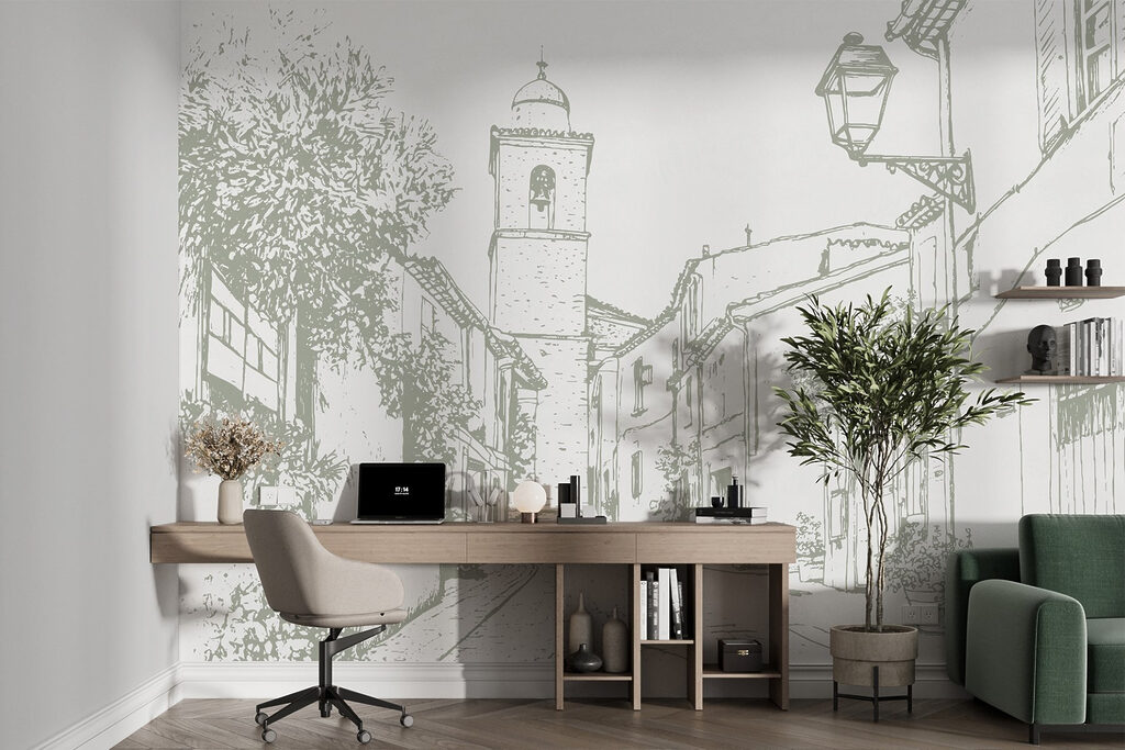 Drawing of a street with buildings and a bell tower Drawing of a street with buildings and a bell tower