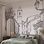 Fototapeta Rysunek ulicy z budynkami i dzwonnicą