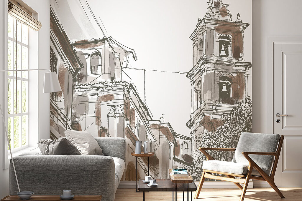 Drawing of a building with bells