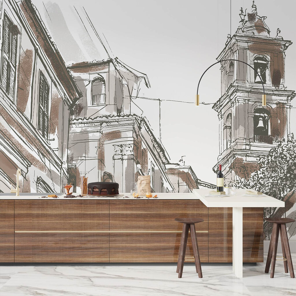 Drawing of a building with bells