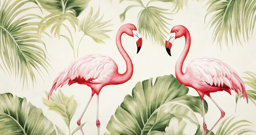 Para różowych flamingów z zielonymi liśćmi Para różowych flamingów z zielonymi liśćmi