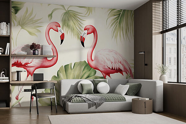 Para różowych flamingów z zielonymi liśćmi Para różowych flamingów z zielonymi liśćmi