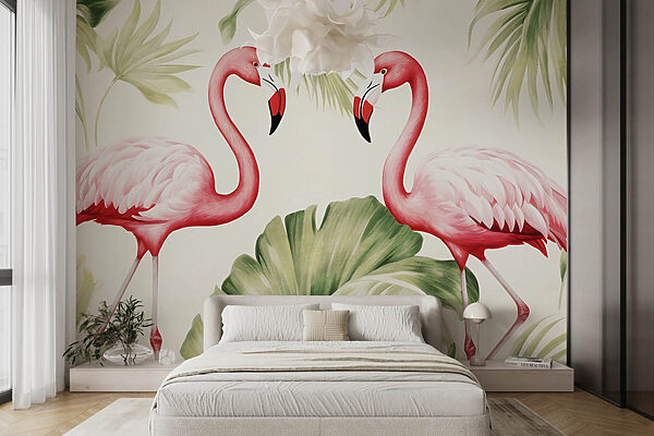 Para różowych flamingów z zielonymi liśćmi Para różowych flamingów z zielonymi liśćmi
