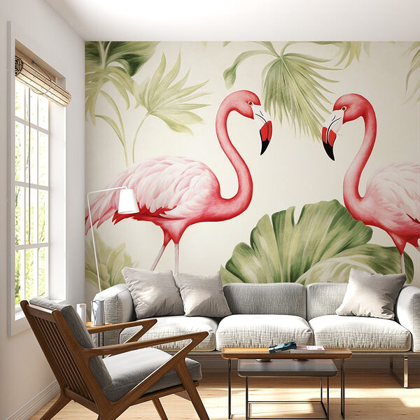 Para różowych flamingów z zielonymi liśćmi Para różowych flamingów z zielonymi liśćmi