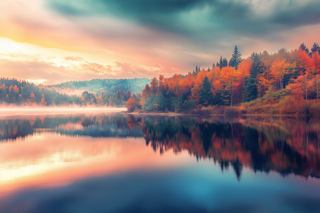 Lake with trees and clouds in the sky