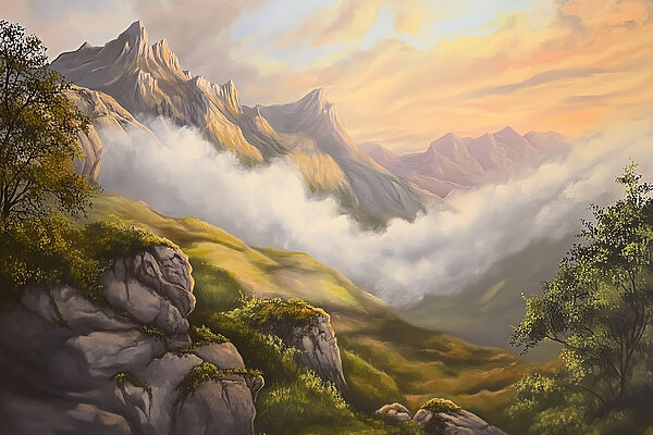 Painting of mountains and clouds