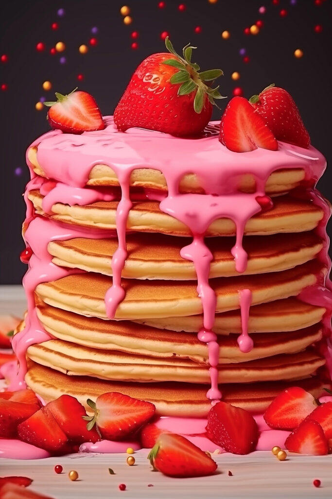 Stack of pancakes with pink frosting and strawberries