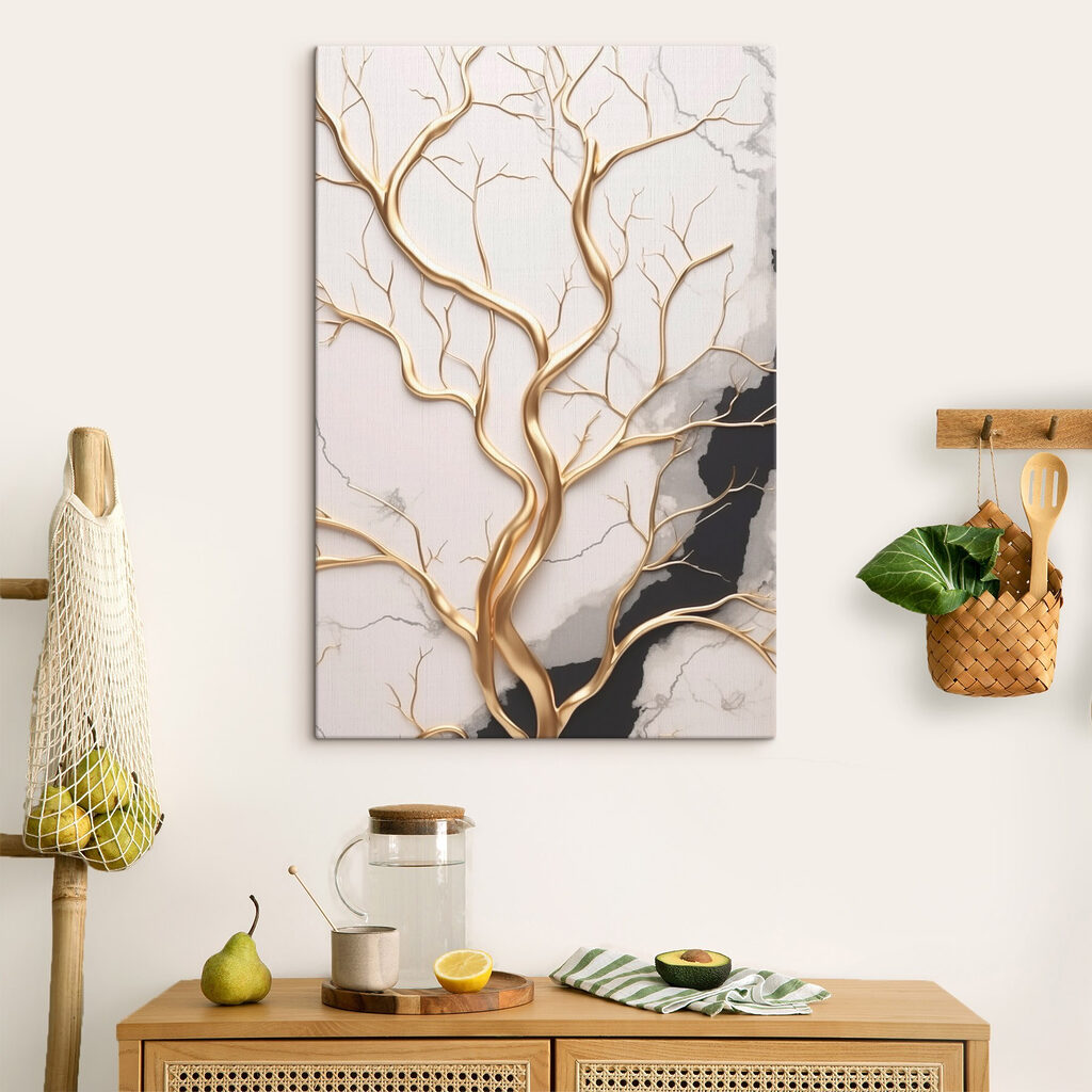 Elegant tree branches on marble backdrop