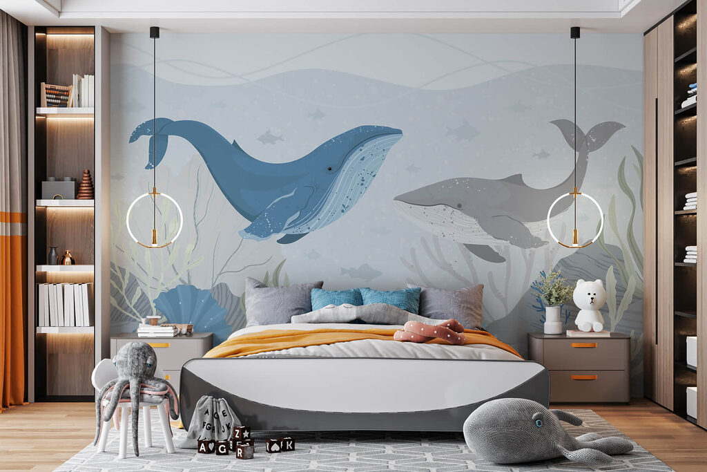 Whale and whale swimming in the ocean