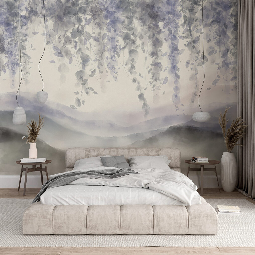 Painting of a landscape with fog and leaves