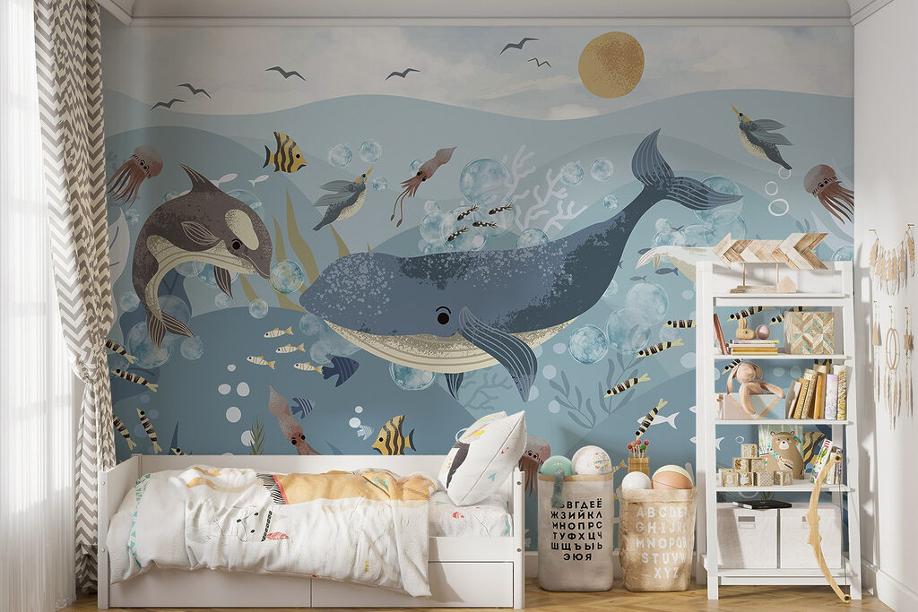 Group of fish and whales swimming in the ocean Group of fish and whales swimming in the ocean