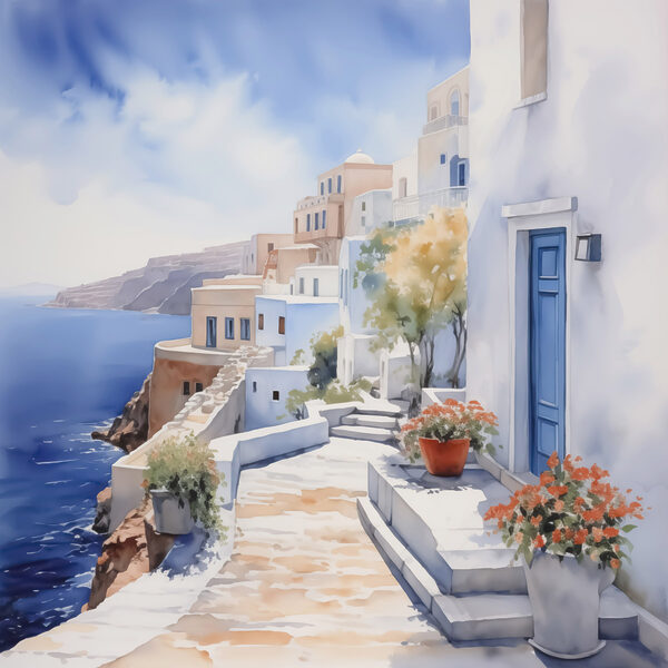 Watercolor painting of a white building with blue doors and flowers on a cliff Watercolor painting of a white building with blue doors and flowers on a cliff